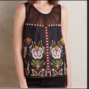 Anthropologie Black Embroidered Sleeveless Top
